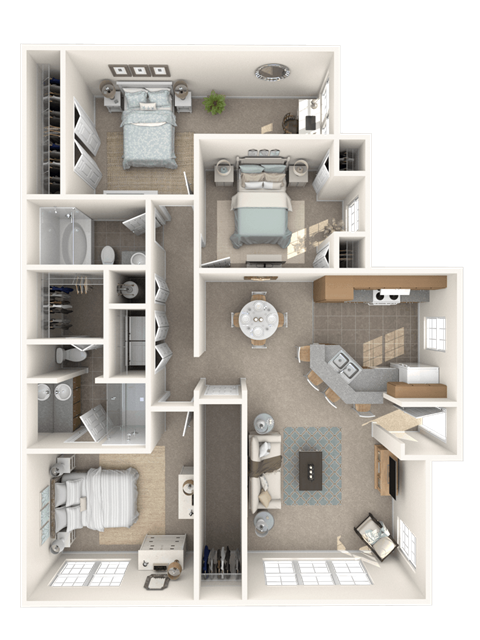 Floor plan for 3 beds, 2 baths, 1291 sqft